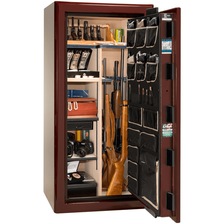 Presidential Series | Level 8 Security | 2.5 Hours Fire Protection | 25 | Dimensions: 60.5"(H) x 30.25"(W) x 24.75"(D*) | Burgundy Gloss Gold Hardware | Mechanical Lock