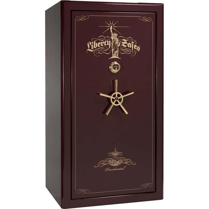 Presidential Series | Level 8 Security | 2.5 Hours Fire Protection | 40 | Dimensions: 66.5"(H) x 36.25"(W) x 27.75"(D*) | Burgundy Gloss | Gold Hardware | Mechanical Lock