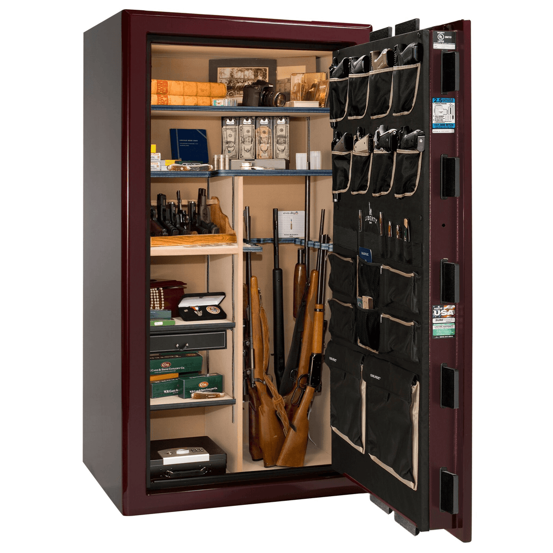 Presidential Series | Level 8 Security | 2.5 Hours Fire Protection | 40 | Dimensions: 66.5"(H) x 36.25"(W) x 27.75"(D*) | Burgundy Gloss | Gold Hardware | Mechanical Lock