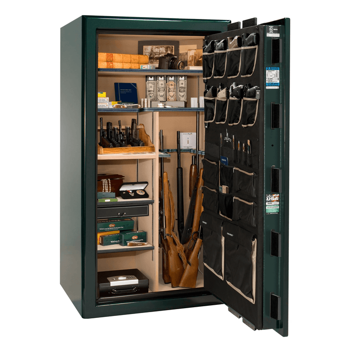 Presidential Series | Level 8 Security | 2.5 Hours Fire Protection | 40 | Dimensions: 66.5"(H) x 36.25"(W) x 27.75"(D*) | Green Gloss | Gold Hardware | Mechanical Lock