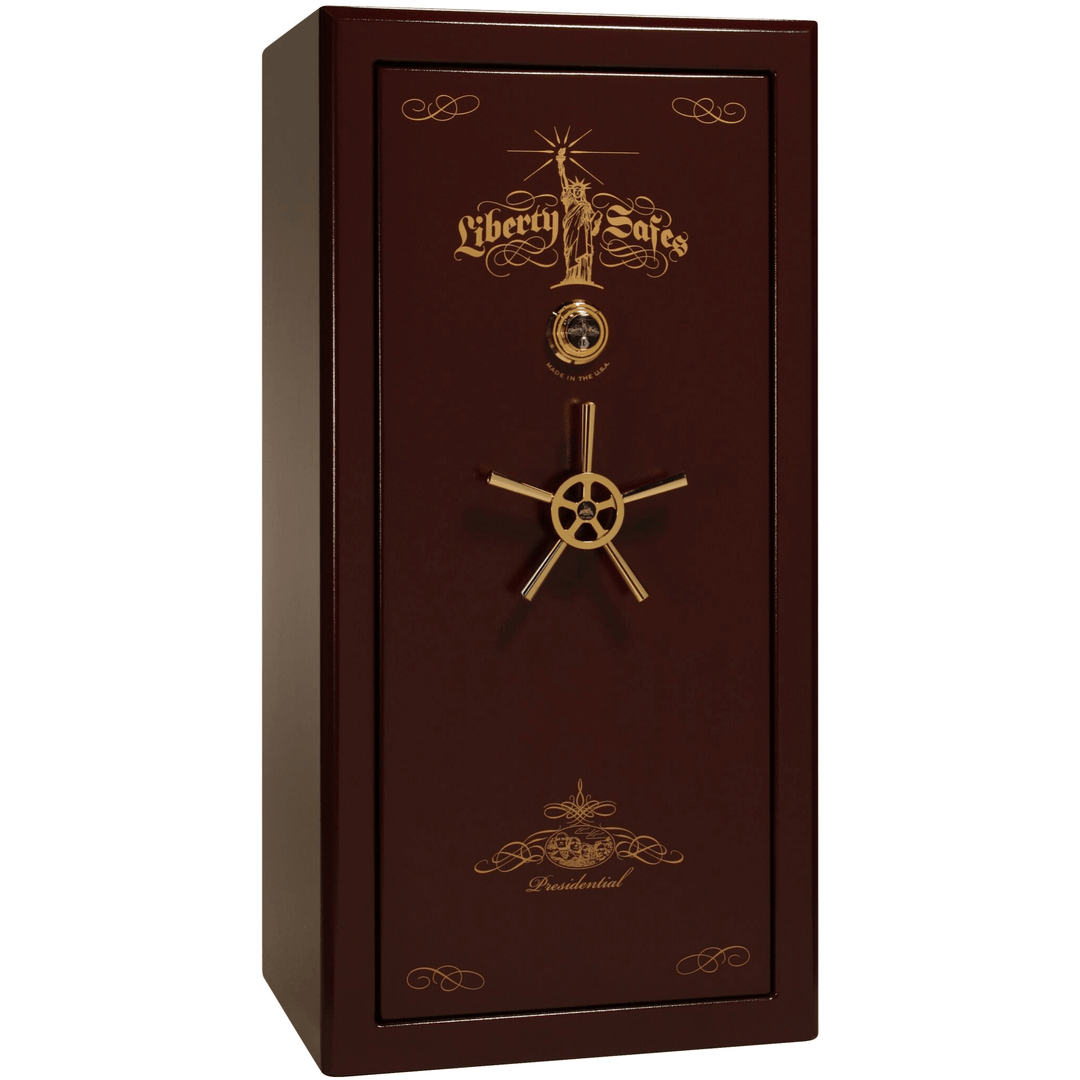 Presidential Series | Level 8 Security | 2.5 Hours Fire Protection | 25 | Dimensions: Dimensions: 60.5"(H) x 30.25"(W) x 24.75"(D*) | Burgundy Marble Gold Hardware | Mechanical Lock