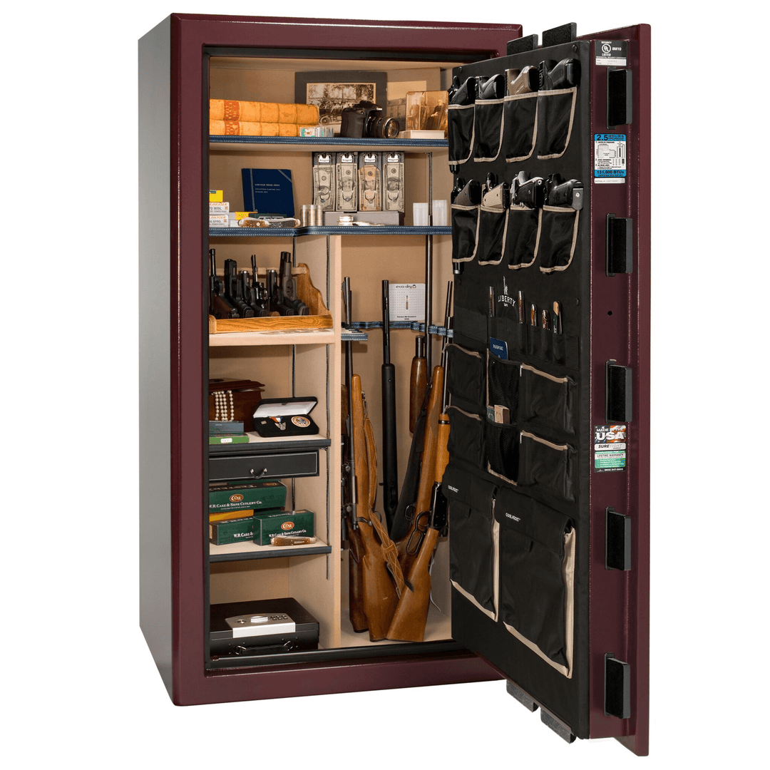 Presidential Series | Level 8 Security | 2.5 Hours Fire Protection | 40 | Dimensions: 66.5"(H) x 36.25"(W) x 27.75"(D*) | Burgundy Marble | Gold Hardware | Mechanical Lock