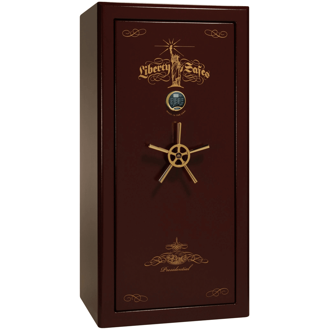 Presidential Series | Level 8 Security | 2.5 Hours Fire Protection | 25 | Dimensions: 60.5"(H) x 30.25"(W) x 24.75"(D*) | Burgundy Marble Gold Hardware | Electronic Lock