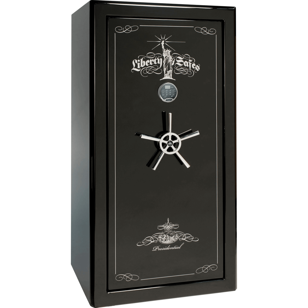 Presidential Series | Level 8 Security | 2.5 Hours Fire Protection | 25 | Dimensions: 60.5"(H) x 30.25"(W) x 24.75"(D*) | Black Gloss Chrome Hardware | Electronic Lock