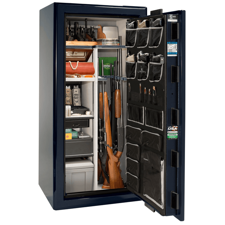 Presidential Series | Level 8 Security | 2.5 Hours Fire Protection | 25 | Dimensions: 60.5"(H) x 30.25"(W) x 24.75"(D*) | Blue Gloss Chrome Hardware | Mechanical Lock