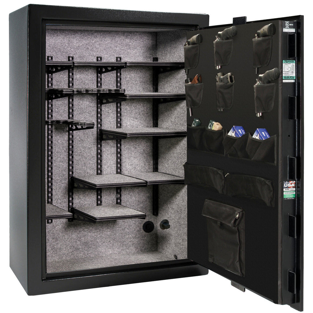 Colonial 35 | Pro Flex Interior | Level 4 Security | 75 Minute Fire Protection | Dimensions: 60.5"(H) x 42"(W) x 22"(D) | Up to 45 Long Guns | Black Textured | Mechanical Lock – Open