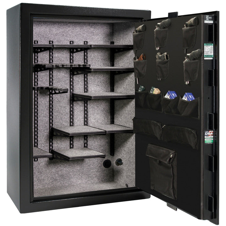 Colonial 35 | Pro Flex Interior | Level 4 Security | 75 Minute Fire Protection | Dimensions: 60.5"(H) x 42"(W) x 22"(D) | Up to 45 Long Guns | Black Textured | Mechanical Lock – Open