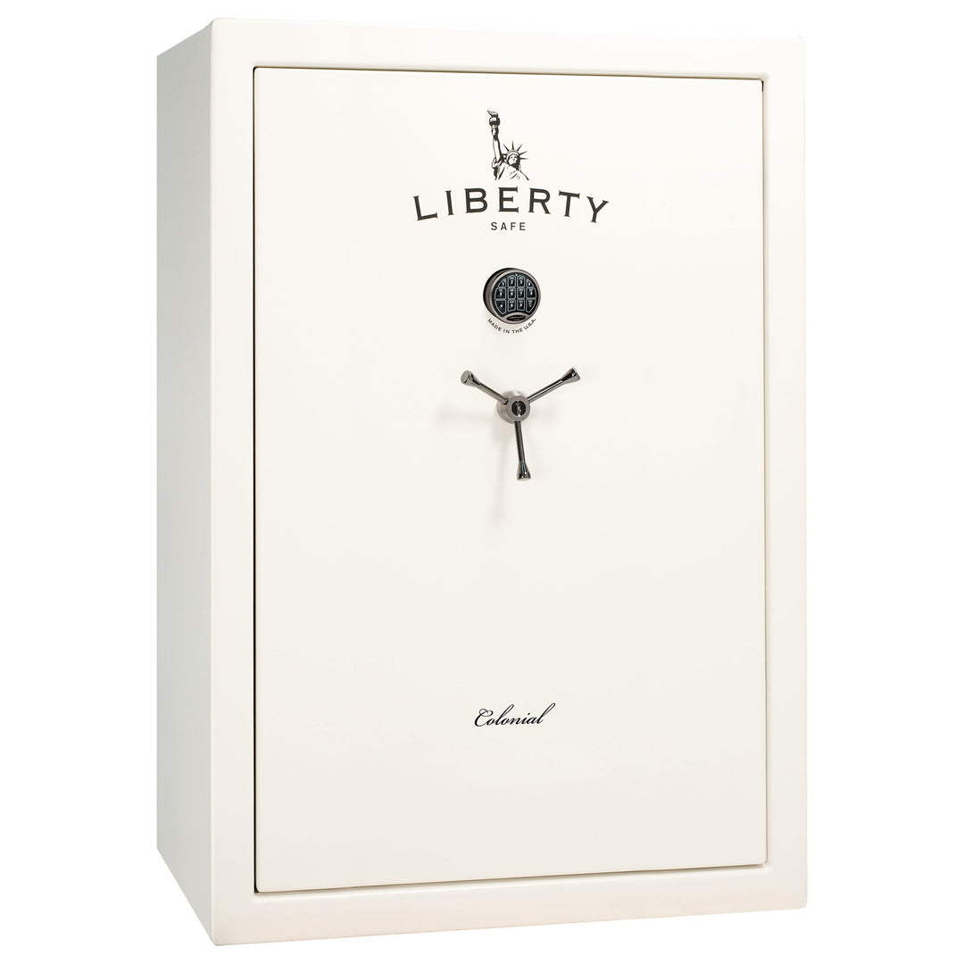 Colonial 35 | Pro Flex Interior | Level 4 Security | 75 Minute Fire Protection | Dimensions: 60.5"(H) x 42"(W) x 22"(D) | Up to 45 Long Guns | White Gloss Black Chrome | Electronic Lock - Closed