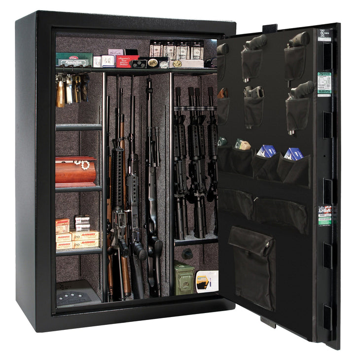 Fatboy Jr. Series | Extreme 6-in-One Flex Interior | Level 4 Security | 75 Minute Fire Protection | Dimensions: 60.5"(H) x 42"(W) x 22"(D) | Up to 45 Long Guns | Black Textured | Electronic Lock – Open