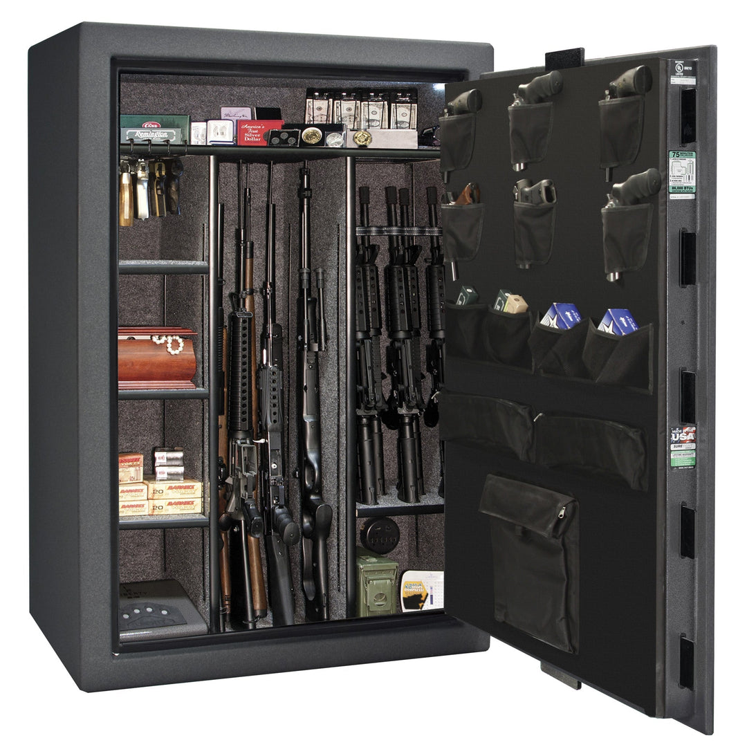 Fatboy Jr. Series | Extreme 6-in-One Flex Interior | Level 4 Security | 75 Minute Fire Protection | Dimensions: 60.5"(H) x 42"(W) x 22"(D) | Up to 45 Long Guns | Granite Textured | Electronic Lock – Open